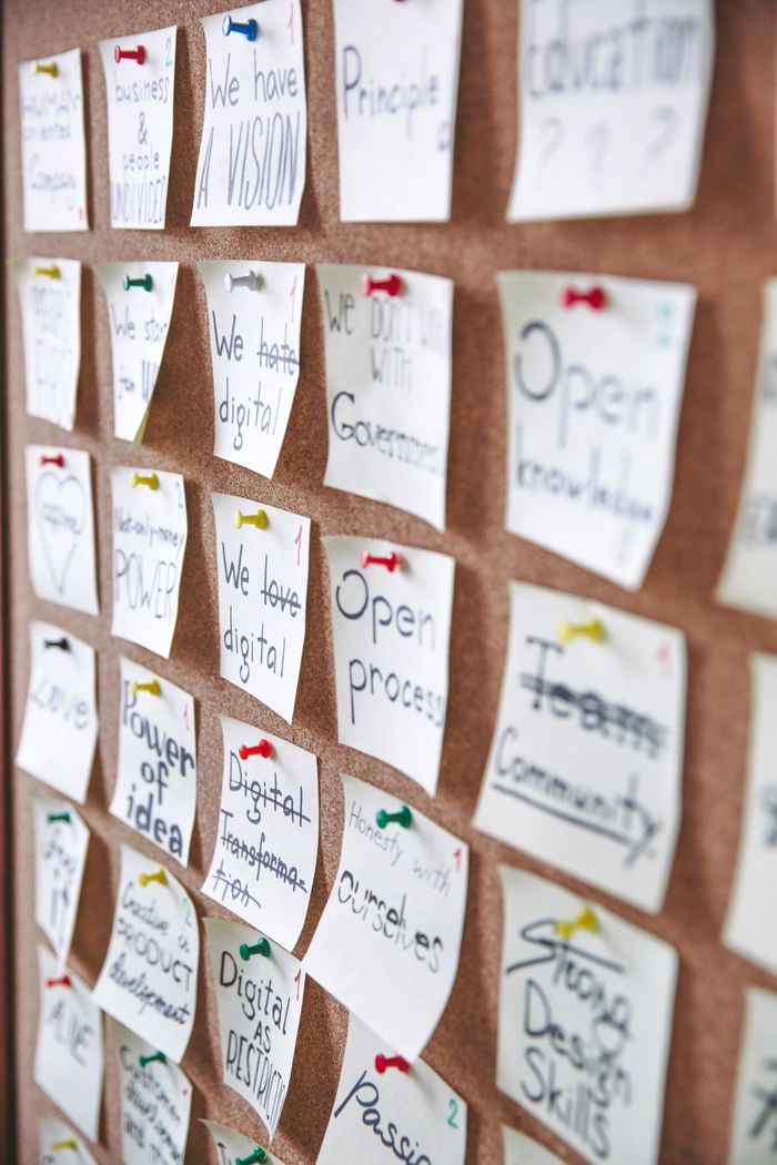 About Array of sticky notes pinned on corkboard with business ideas and goals.